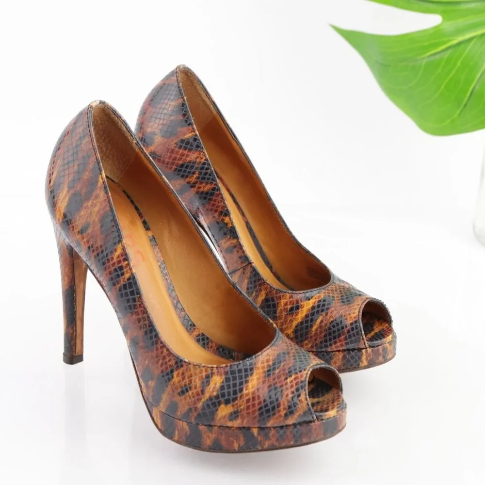 Michael Kors Womens Pumps Size 7 M Brown Tan Python Platform Heel Peep Toe Shoes - Picture 12 of 13